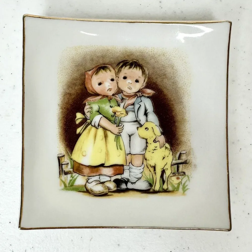 2 Vtg 1950's Small Square Trinket Dish/Hanging‎ Hummel Mini Decor Jewelry
